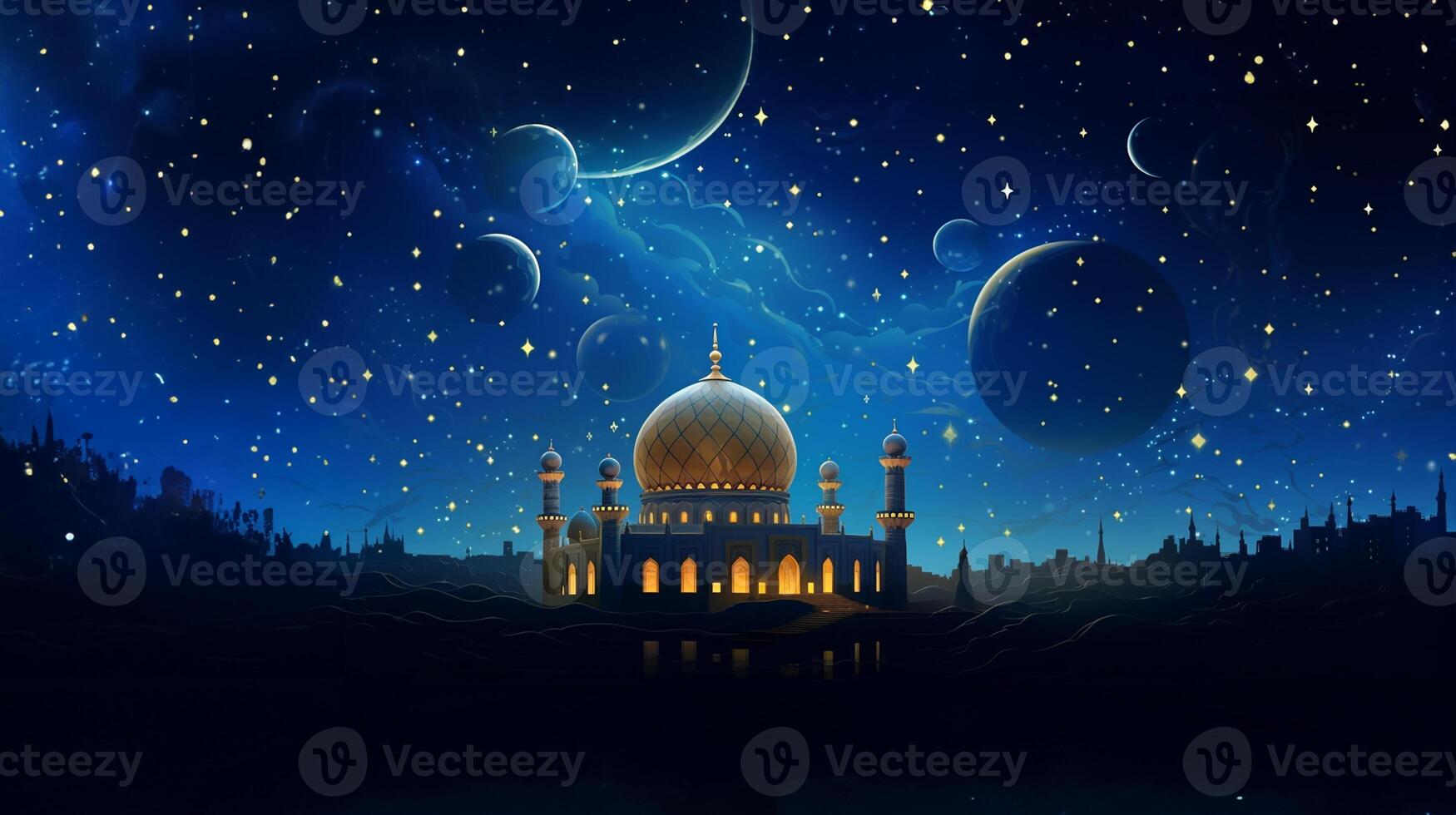 Mosque at night banner for postcards for Muslim holidays. photo