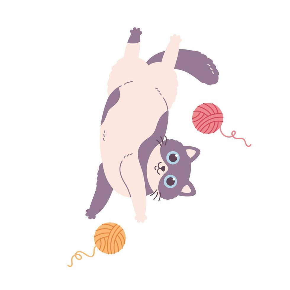 Cute cat playing with balls of thread. Domestic pets, feline activities. Home cat life. vector