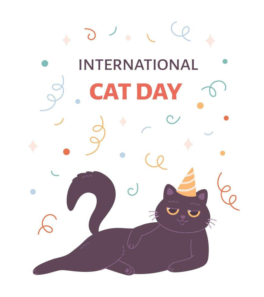 Cute cat in party hat. International Cat Day. vector