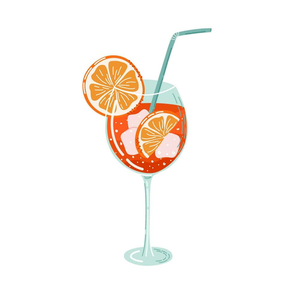 Cool Summer drink. Aperol Spritz Cocktail. Glass with beverage, straw and orange slices. Orange juice lemonade. Traditional Italian aperitif. Vector illustration.
