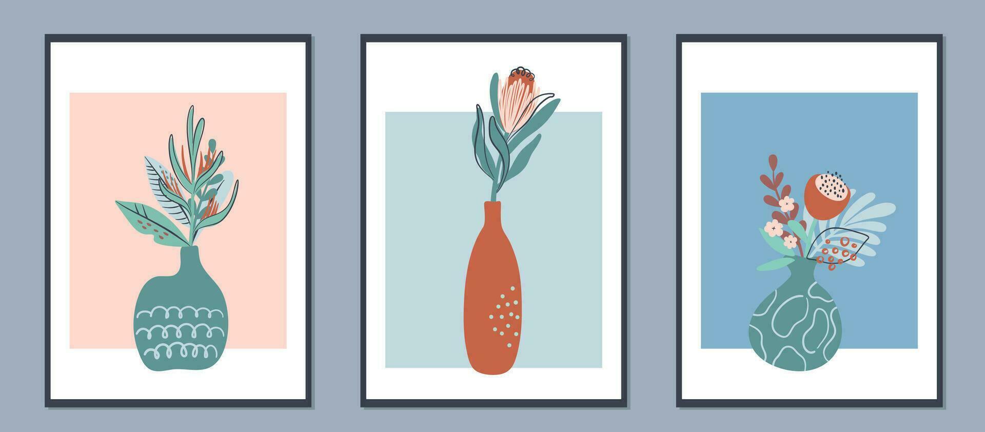 Boho botanical compositions with abstract vases of tropical flowers. Simple minimalist floral bouquets for print, poster, wall decor, collage. Set of hand drawn vector illustrations.