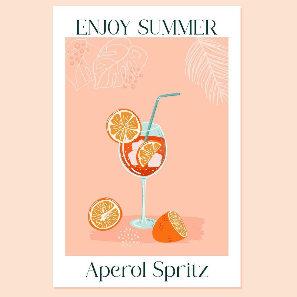 Aperol Spritz Cocktail. Glass with drink, ice and orange slises. Poster wit Summer Italian aperitif. Vector illustration with alcoholic beverage decorated with tropical plants on background.