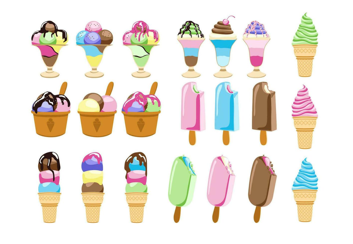 Collection of various multicolored ice cream icons. Vector illustration isolated on white background