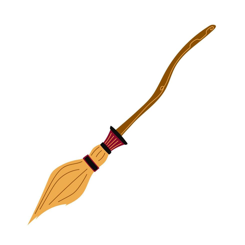 Witch s broom. Hand-drawn vector Halloween broom isolated on a white background. Flat style.