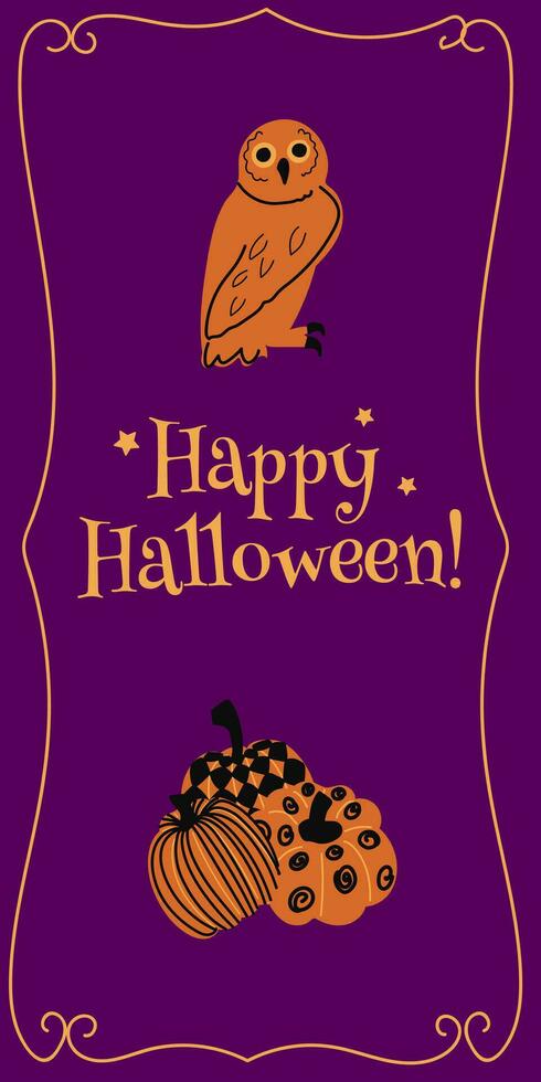 Happy Halloween. Vertical banners and wallpaper for social media stories. Owl and pumpkins. Cute spooky design with fun elements. Vector illustration