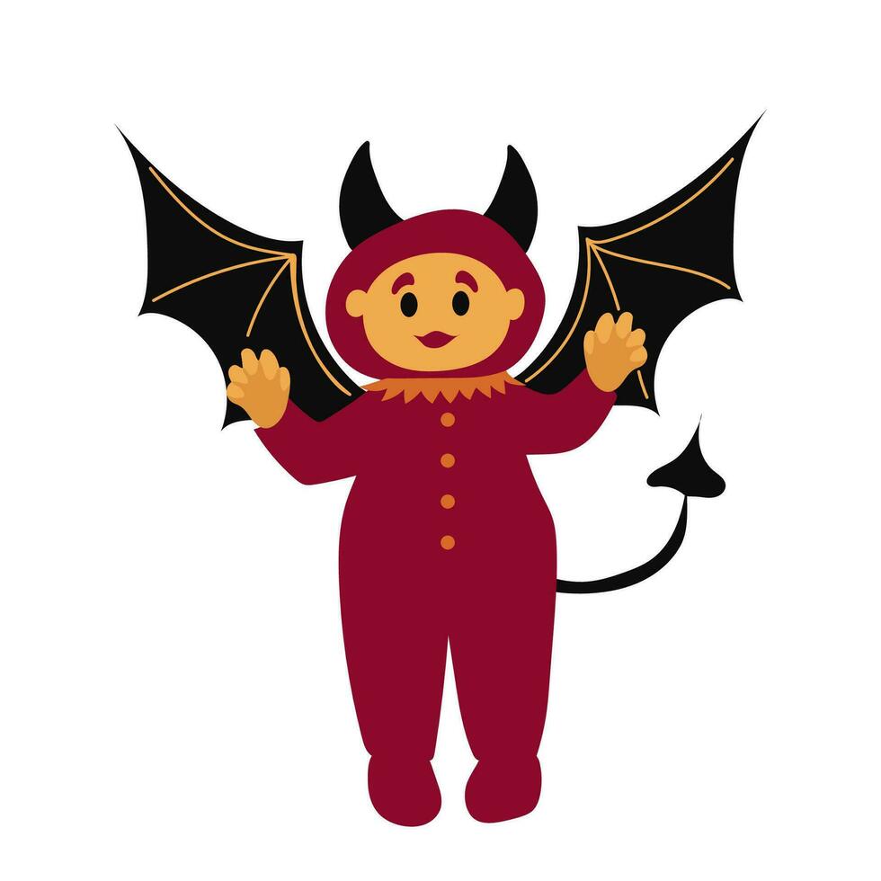 Víspera de Todos los Santos diablo chico en un gracioso traje. plano masculino demonio niño en un rojo disfraz con cuernos, un tridente, y calabaza para truco o tratar. vector ilustración. plano estilo