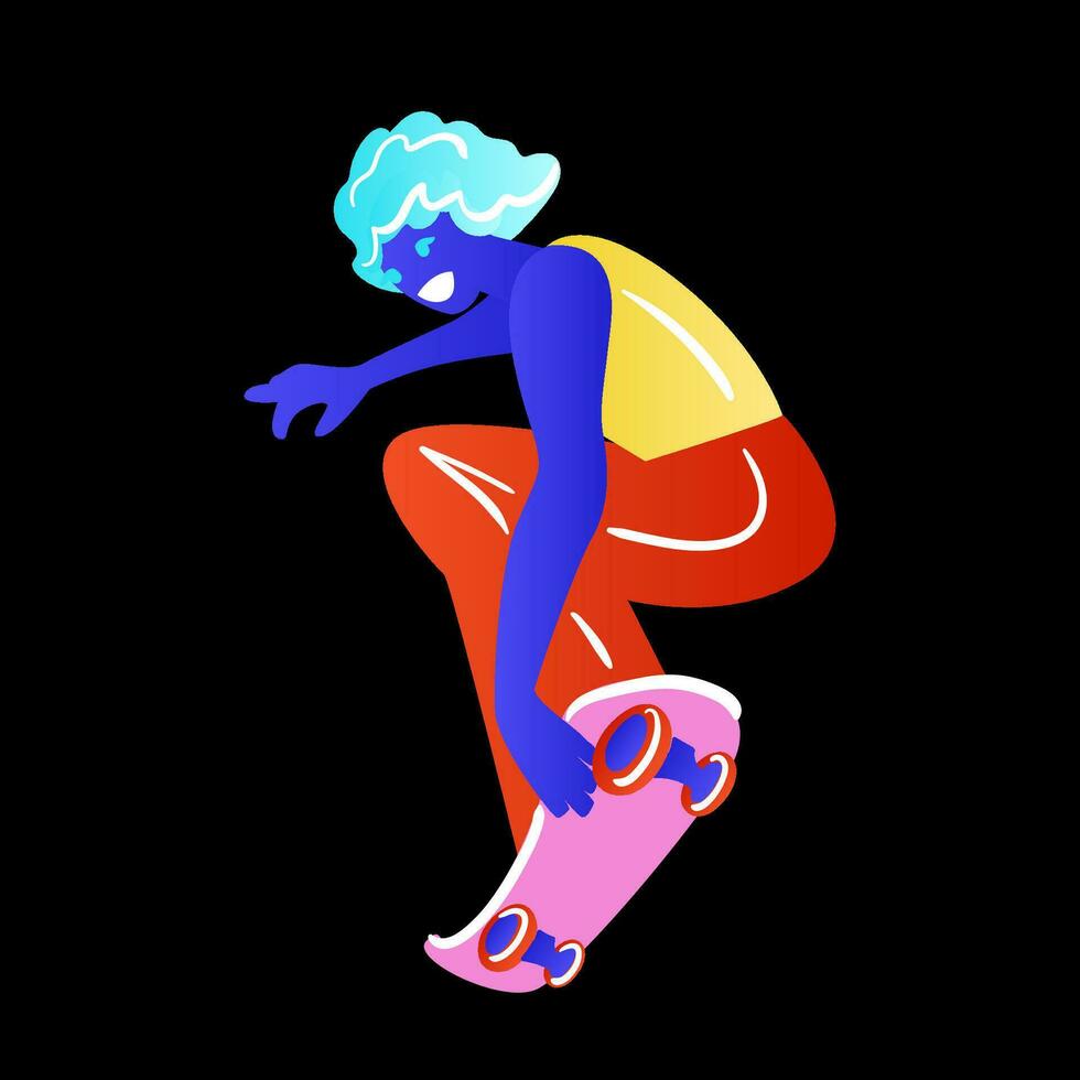 Skateboarder on black background. The skateboarder man is doing a trick. Skateboarder in bright neon color t-shirt design. Vector illustration