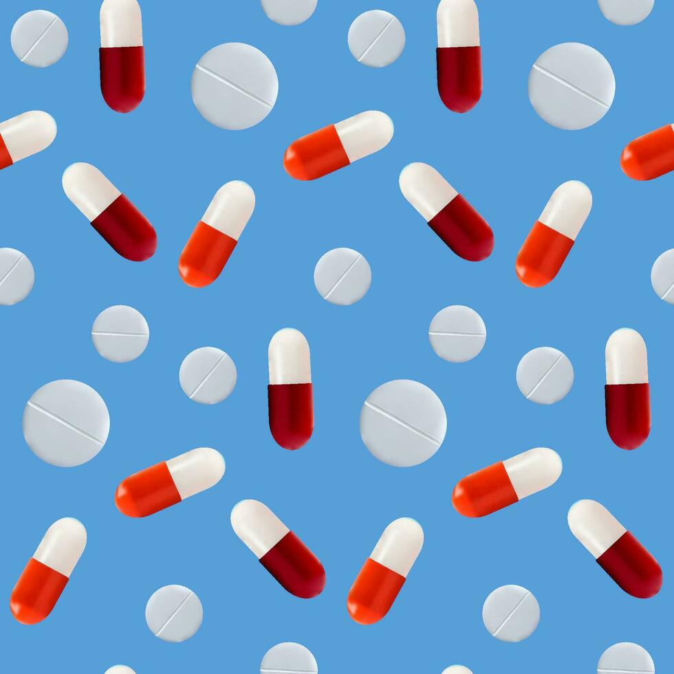 White pills and red-and-white pills on a blue background. Seamless pattern. The concept of treatment and recovery. A health design element for apps, websites and social networks. Medicinal pills. vector