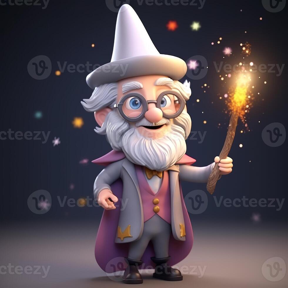 Fantasy wizard or bearded magician cartoon character in magic hat and robe creates magic or conjures. photo