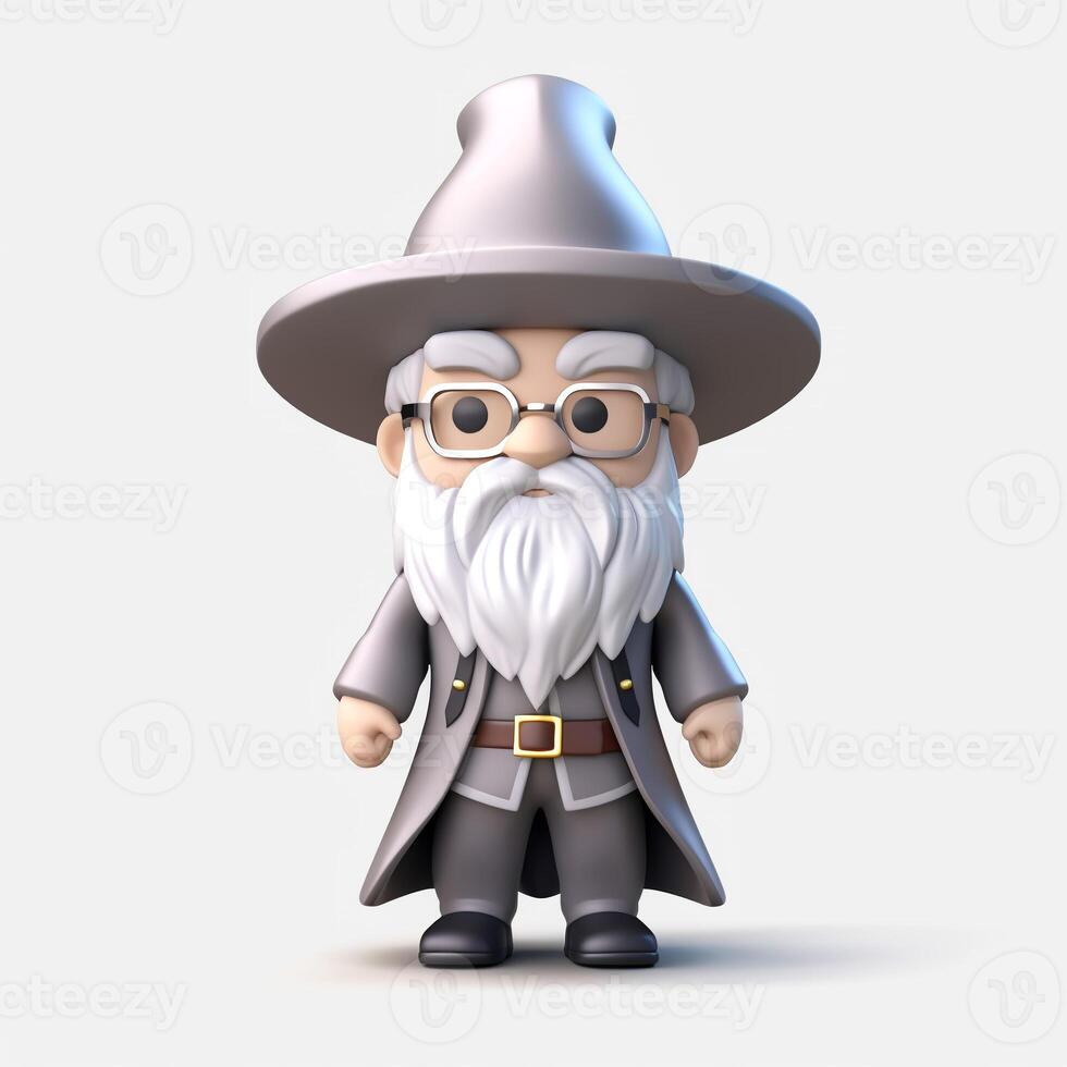 Fantasy wizard or bearded magician cartoon character in magic hat and robe creates magic or conjures. photo