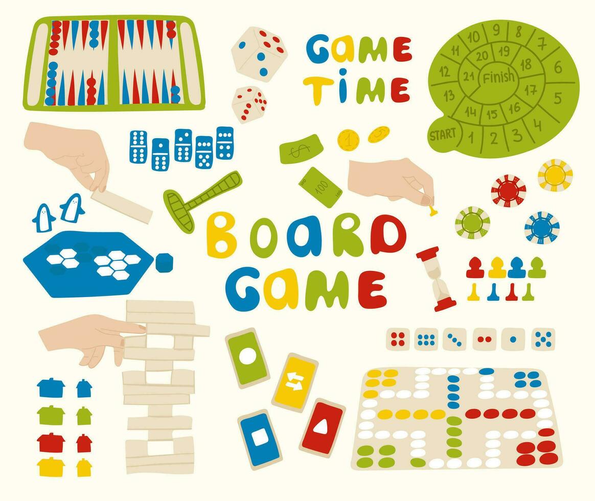 Board Games for Whole Family Collection. Colorful Vector Doodle Illustration of different Games. Home Entertainment Design Elements. Vector