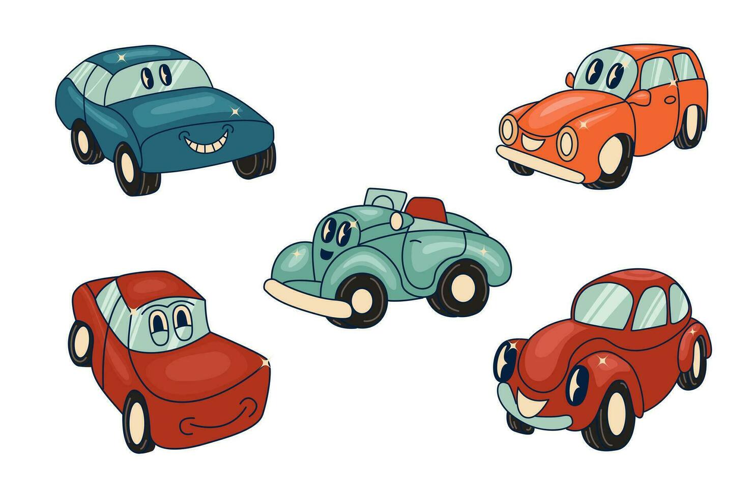 Retro cars Characters icons isolated set for your business. Vector illustration, cartoon style.