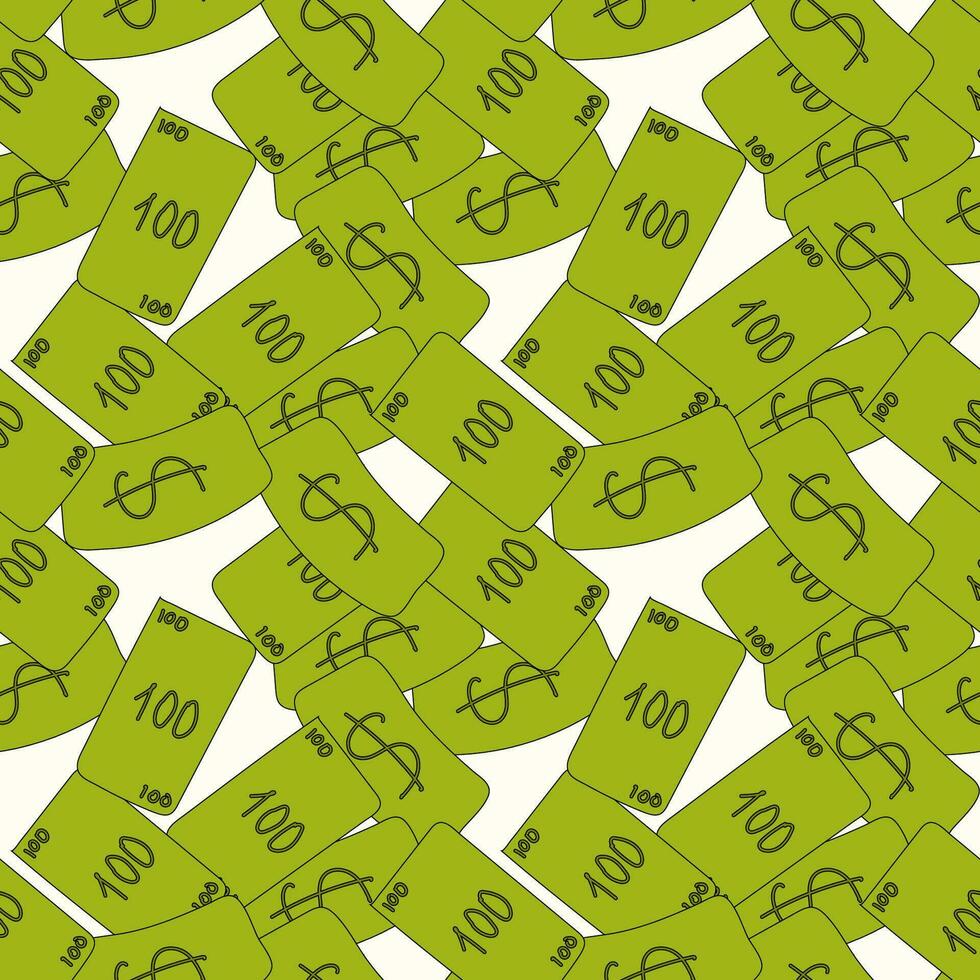 Money rain flat cartoon Seamless pattern. Green paper notes. Money banknotes flying wite background, various banknotes. Money float. Vector illustration.