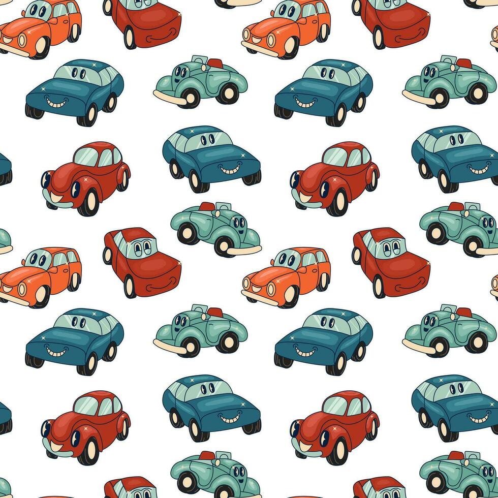 Retro car seamless pattern. Cartoon Transportation Background for Kids. Vector Seamless Pattern with doodle Toy Cars and Traffic signs