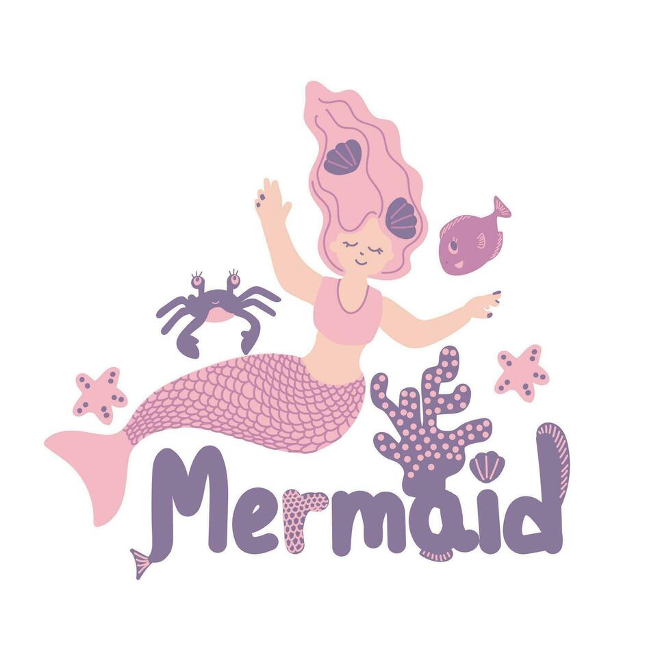 Little mermaid and underwater world. Under water in the sea mythical marine collection. Funny cartoon characters and corals are isolated on white. vector