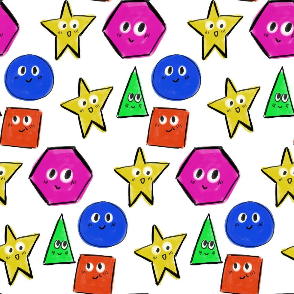 Geometric shapes characters seamless pattern, cute star, square and triangle with funny faces. Colorful basic figures with different emotions, textile print for kids vector background texture