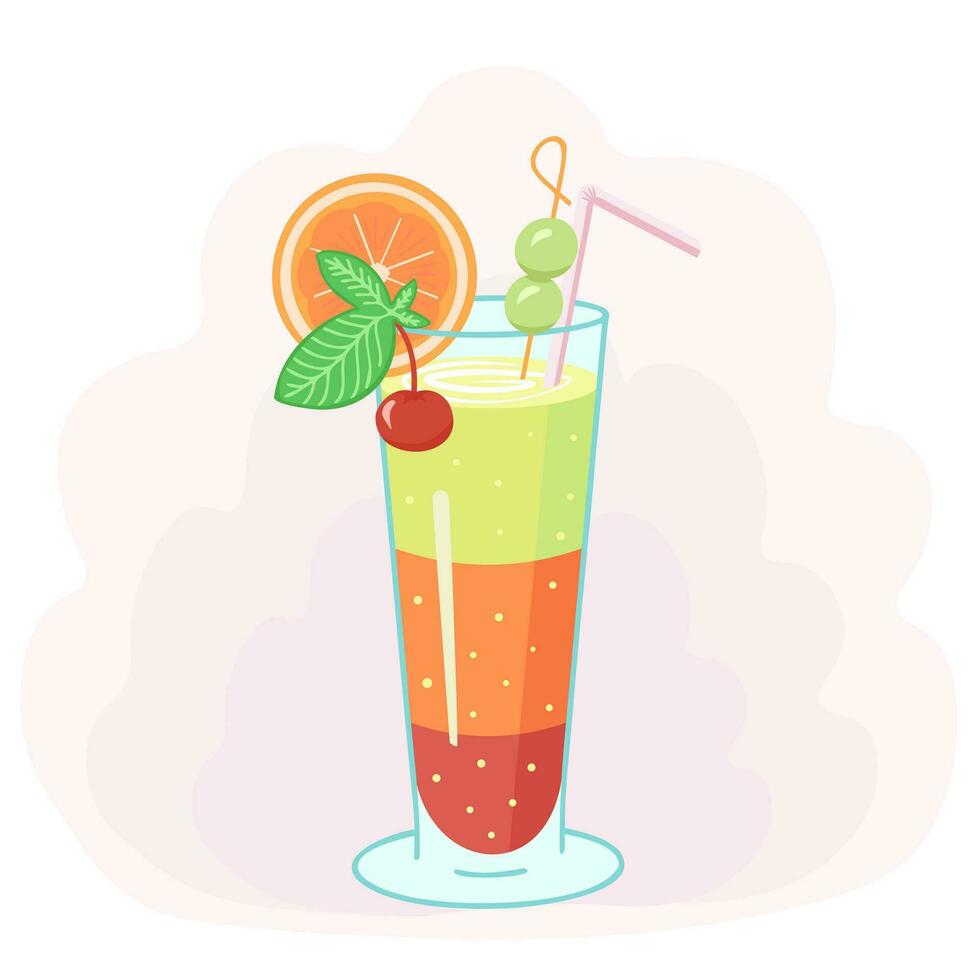 Tropical cocktail, juice and fruits. Illustration for printing, backgrounds, covers and packaging. Image can be used for greeting cards, posters and stickers. Isolated on white background. vector