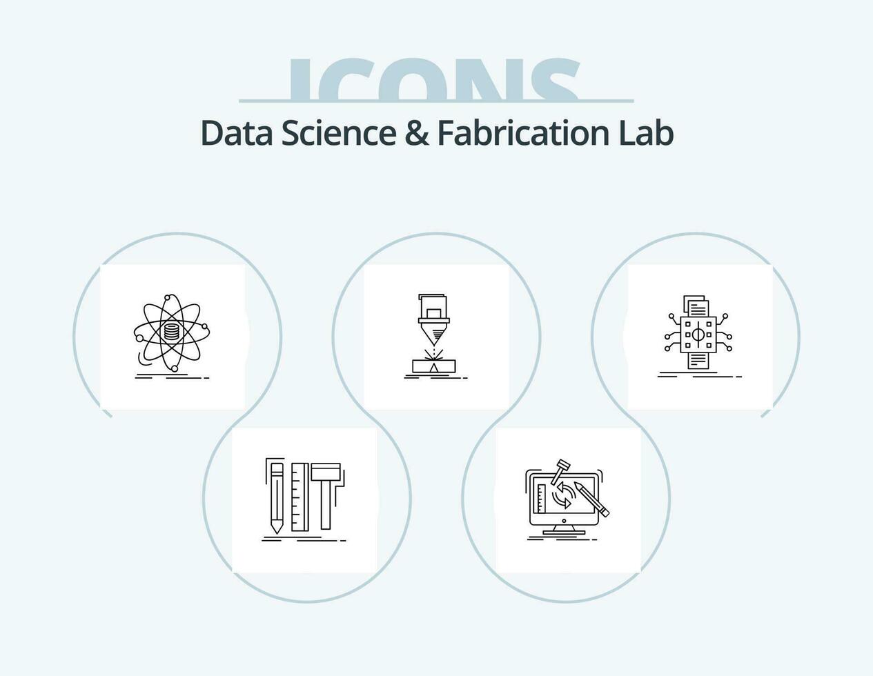 Data Science And Fabrication Lab Line Icon Pack 5 Icon Design. skrewdriver. box. laser. paper. computer vector