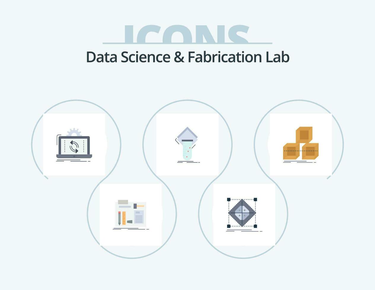Data Science And Fabrication Lab Flat Icon Pack 5 Icon Design. study. chemistry. model. sync. analysis vector