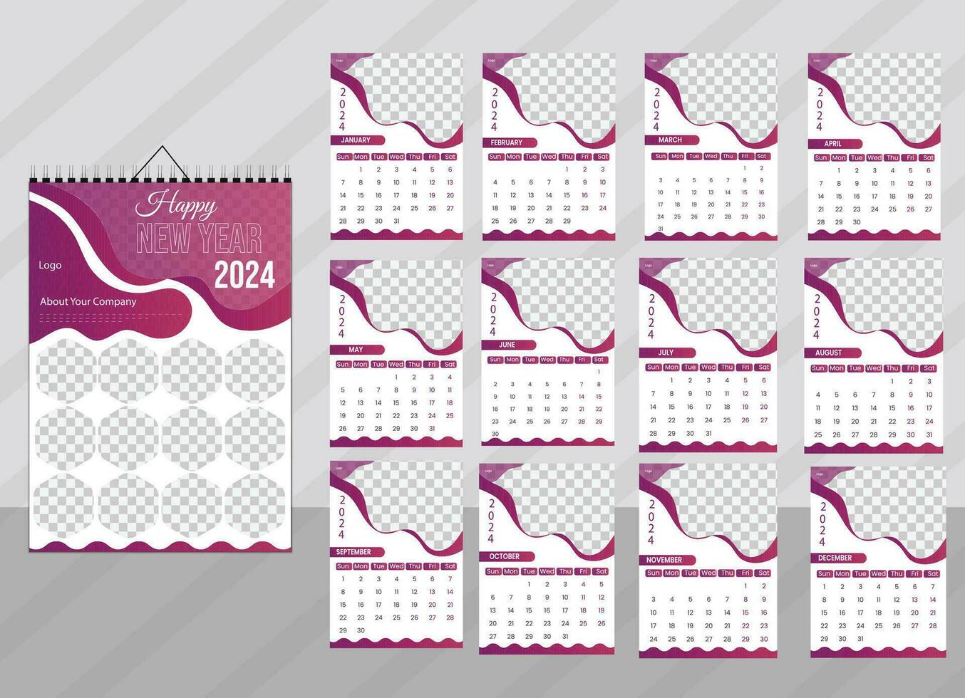 Modern Wall calendar design for 2024 . vector and editable 12 page