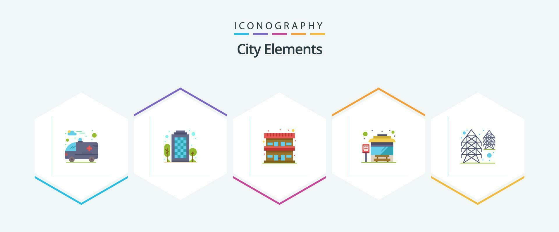 ciudad elementos 25 plano icono paquete incluso torre. electricidad. alojamiento. detener vector