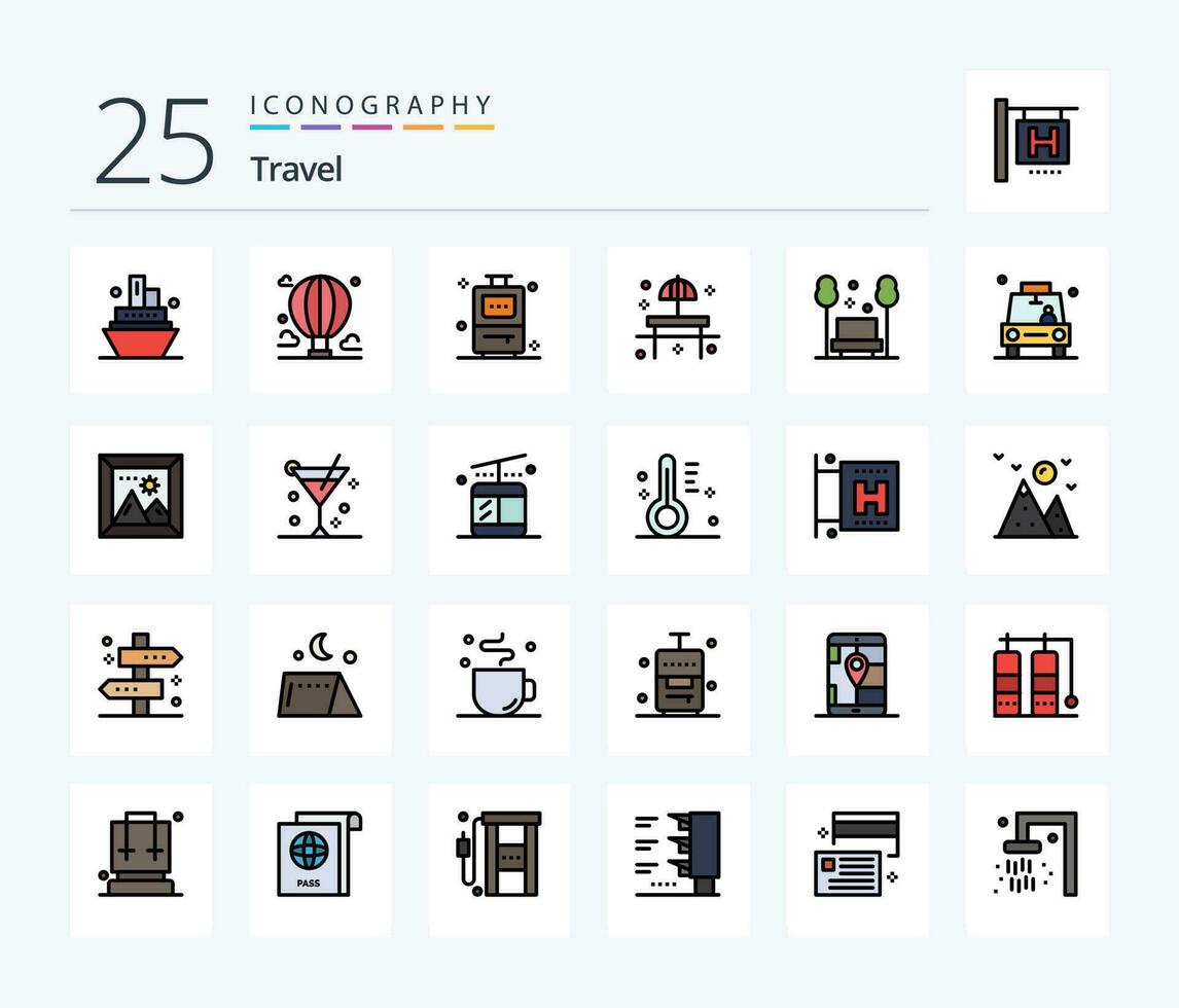 Travel 25 Line Filled icon pack including park. table. bag. sunshade. park vector