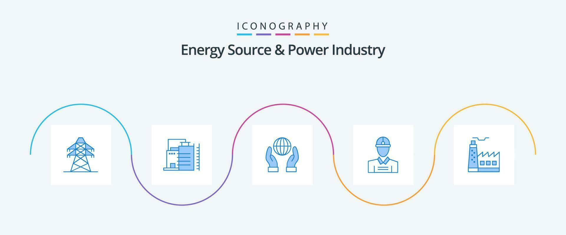 Energy Source And Power Industry Blue 5 Icon Pack Including factory. work. biosphere. worker. construction vector