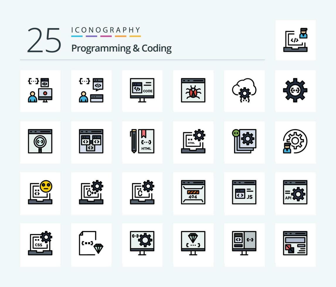 Programming And Coding 25 Line Filled icon pack including develop. cloud. develop. development. bug vector