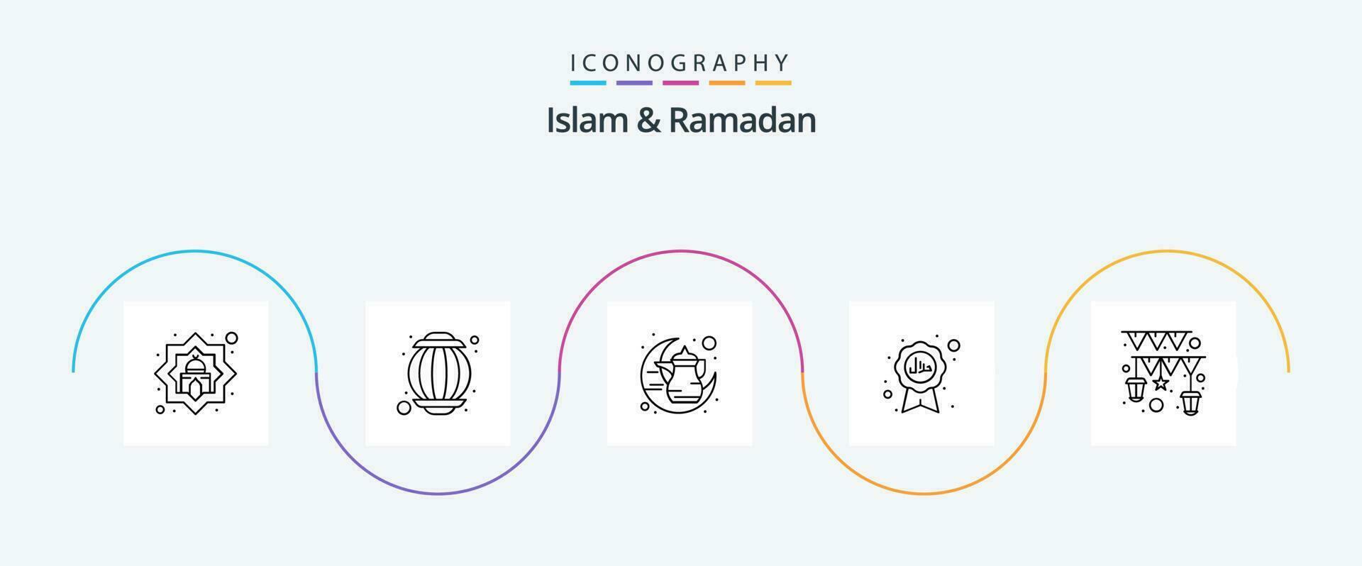 Islam And Ramadan Line 5 Icon Pack Including islam. badge. kettle. halal. traditional vector