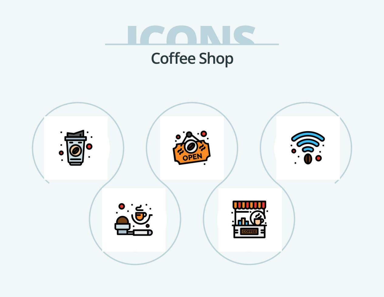 café tienda línea lleno icono paquete 5 5 icono diseño. libro. medición cuchara. taza. medición. mollete vector