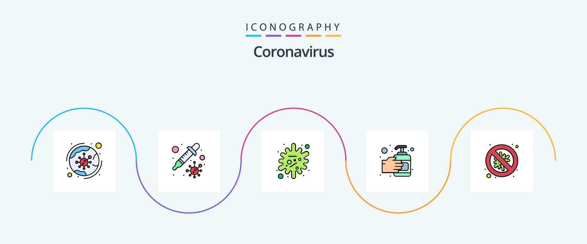 coronavirus línea lleno plano 5 5 icono paquete incluso seguridad. bacterias antígeno. desinfectante mano lavar vector
