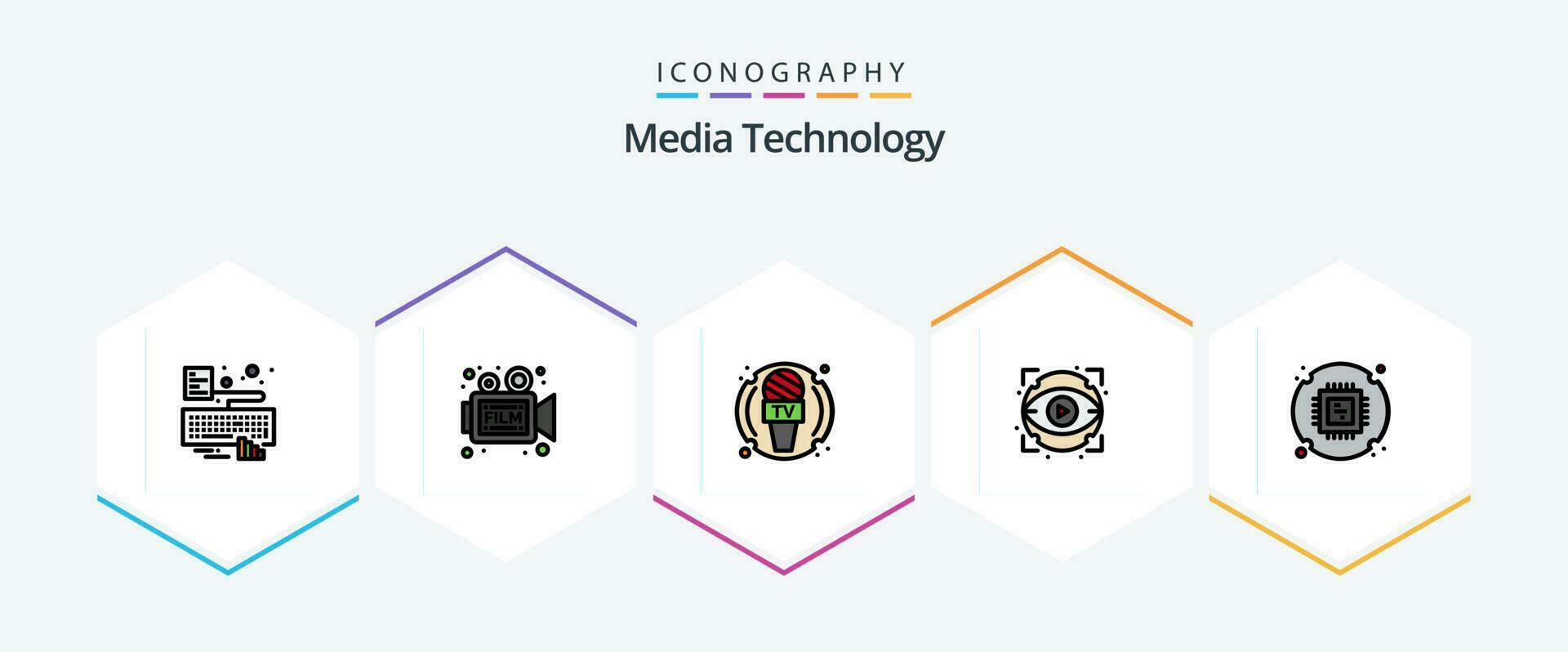 medios de comunicación tecnología 25 línea de relleno icono paquete incluso chip. vista. película. globo ocular. Noticias vector