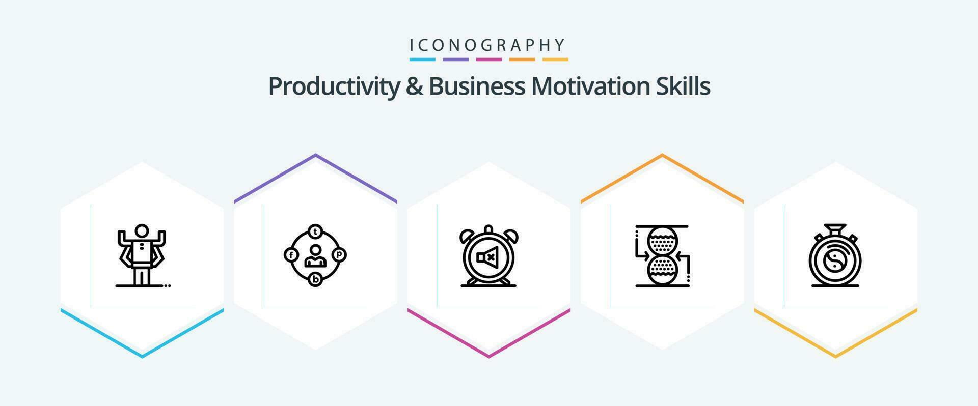 Productivity And Business Motivation Skills 25 Line icon pack including sandclock. control. procrastination. concentration. off vector