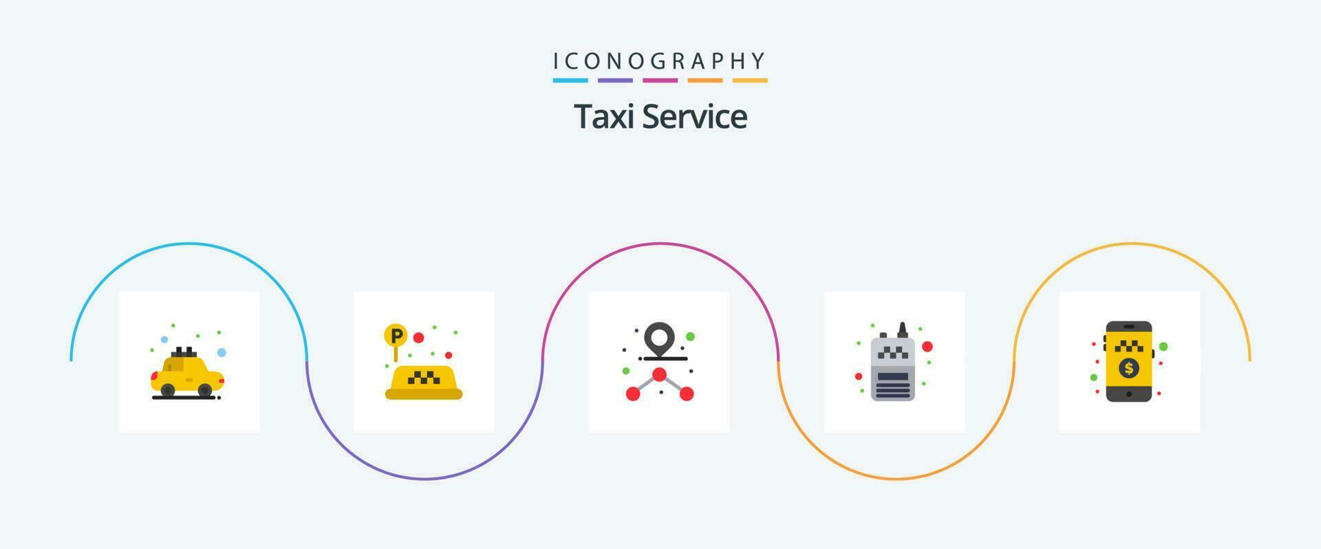 Taxi Service Flat 5 Icon Pack Including ride. pay cash. path. online cab booking. receiver vector