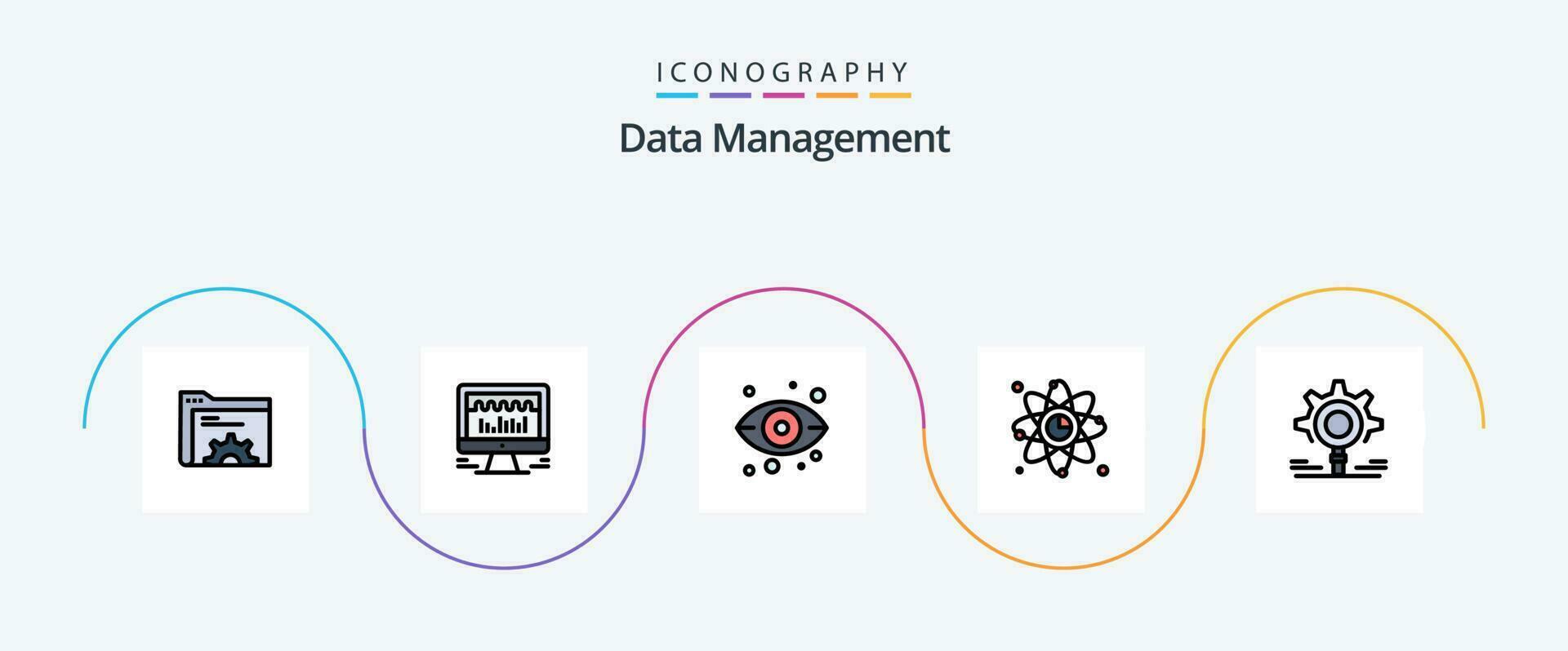 Data Management Line Filled Flat 5 Icon Pack Including gear. link. eye. graph. atom vector