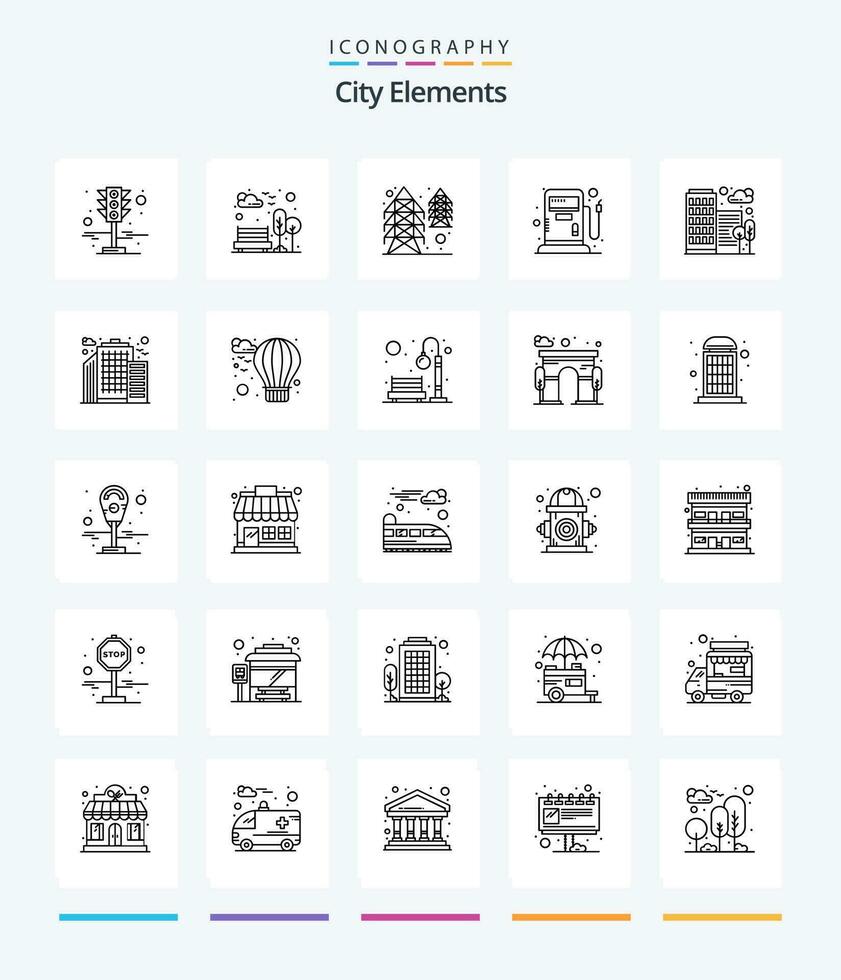 Creative City Elements 25 OutLine icon pack  Such As house. building. electricity. station. fuel vector