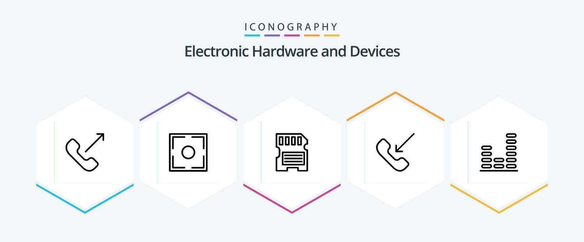 Devices 25 Line icon pack including equalizer. phone. card. outgoing. call vector