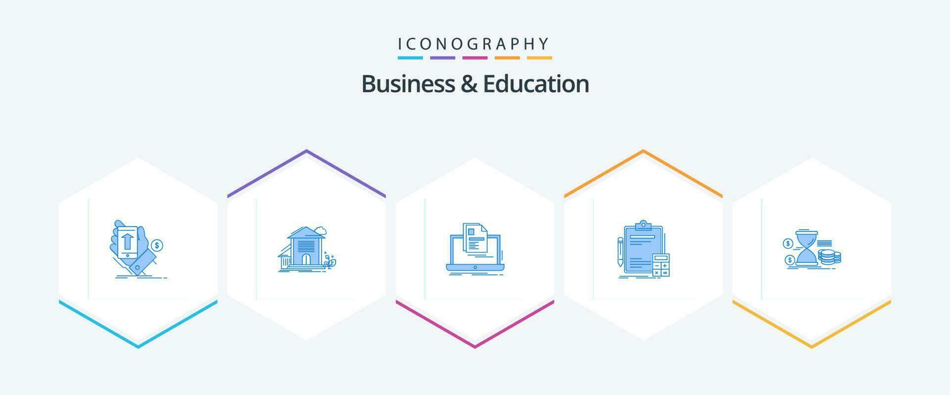 negocio y educación 25 azul icono paquete incluso calculadora. contabilidad. edificio. reanudar. reporte vector