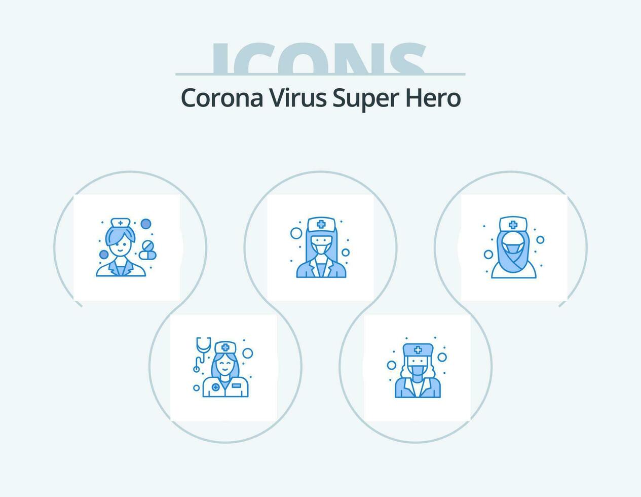 corona virus súper héroe azul icono paquete 5 5 icono diseño. femenino. enfermero. avatar. muchacha. farmacéutico vector