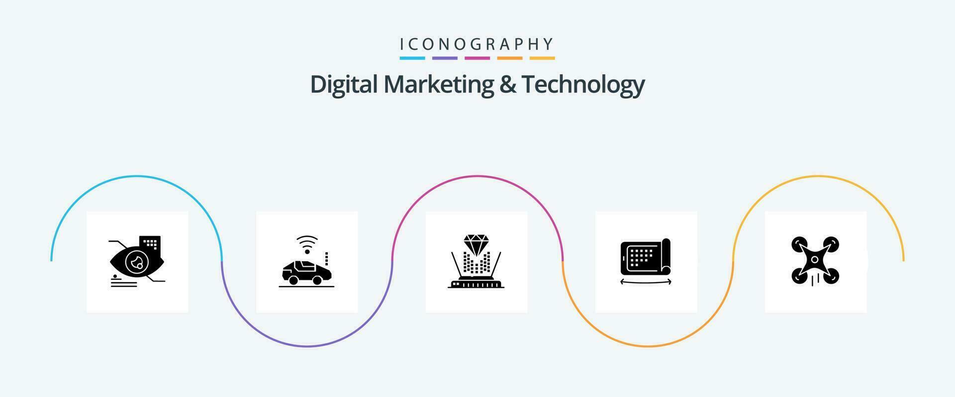Digital Marketing And Technology Glyph 5 Icon Pack Including drone. felexibel. hologram. technology. mobile vector