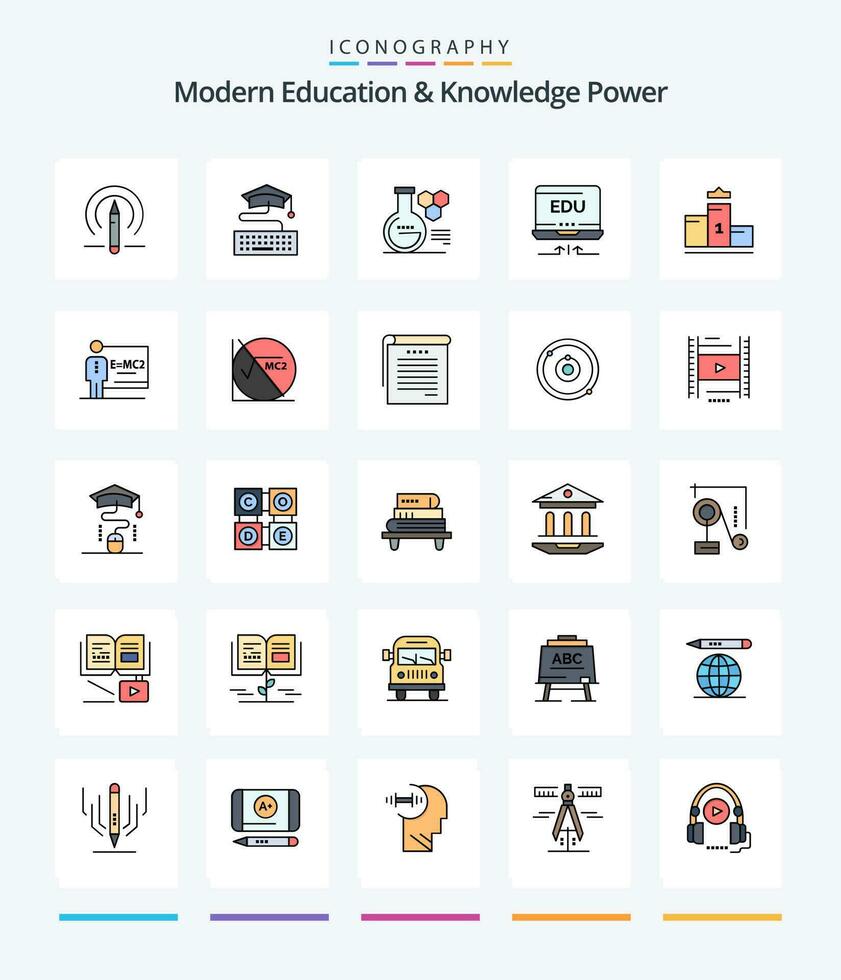 Creative Modern Education And Knowledge Power 25 Line FIlled icon pack  Such As first . education. chemistry. arrow. laptop vector