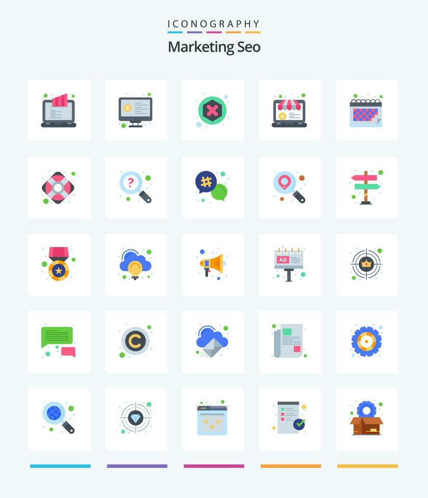 creativo márketing seo 25 plano icono paquete tal como calendario. en línea tienda. análisis. dinero. rechazar vector