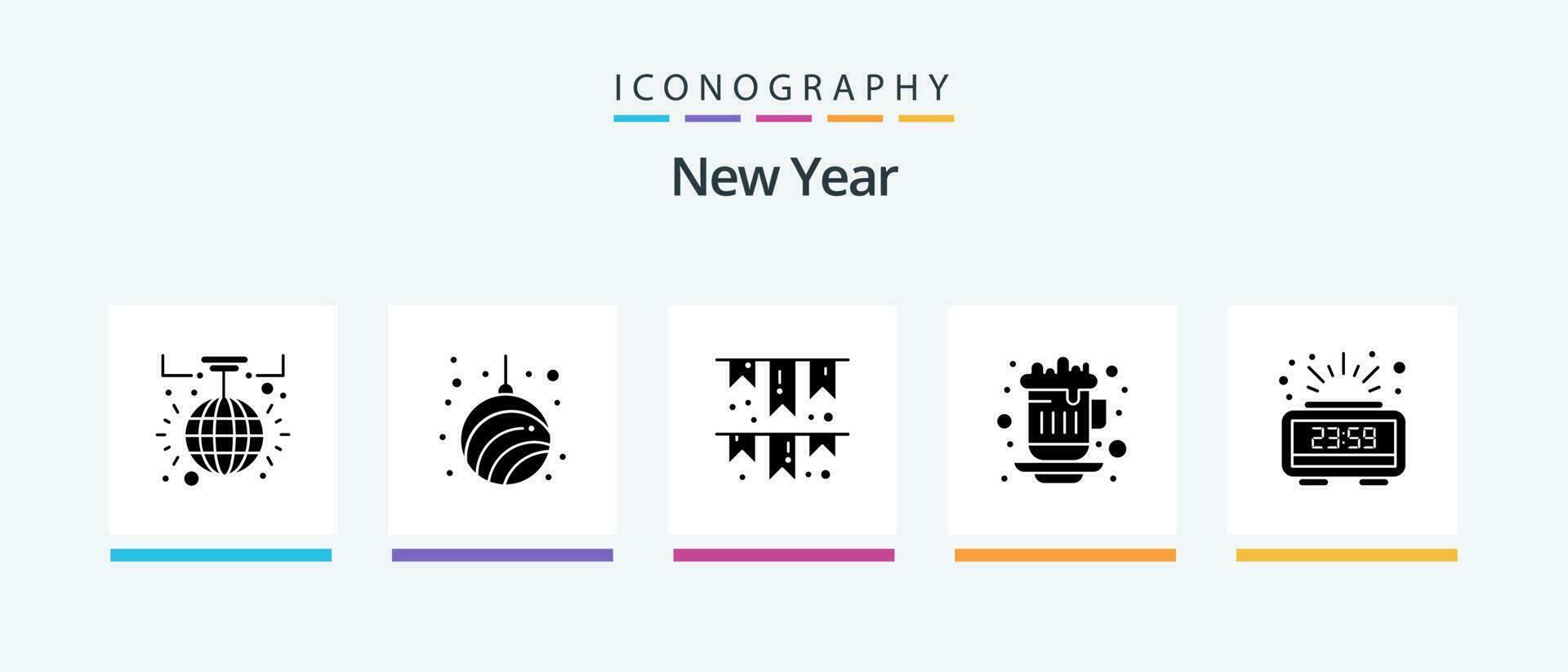 New Year Glyph 5 Icon Pack Including clock. hot tea. year. hot coffee. party. Creative Icons Design vector