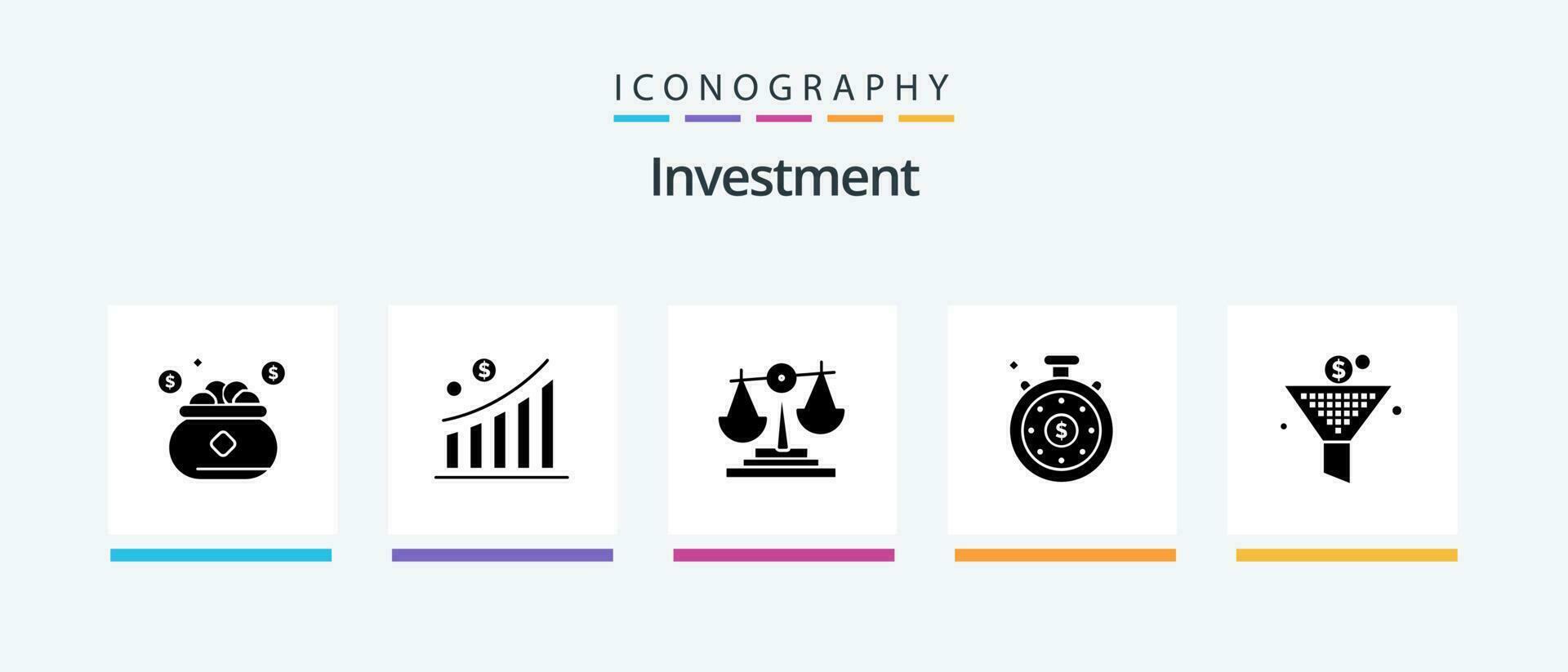 Investment Glyph 5 Icon Pack Including funel. speedometer. statistic. investment time. investment. Creative Icons Design vector