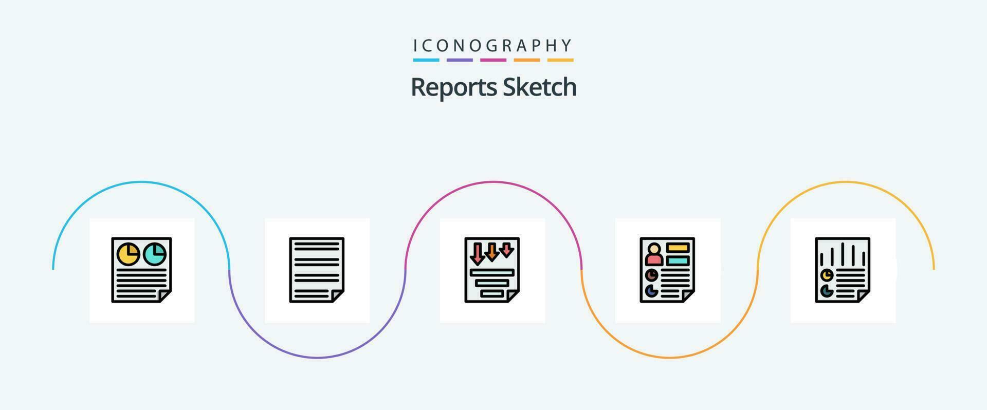 Reports Sketch Line Filled Flat 5 Icon Pack Including document. analytics. page. report. page vector