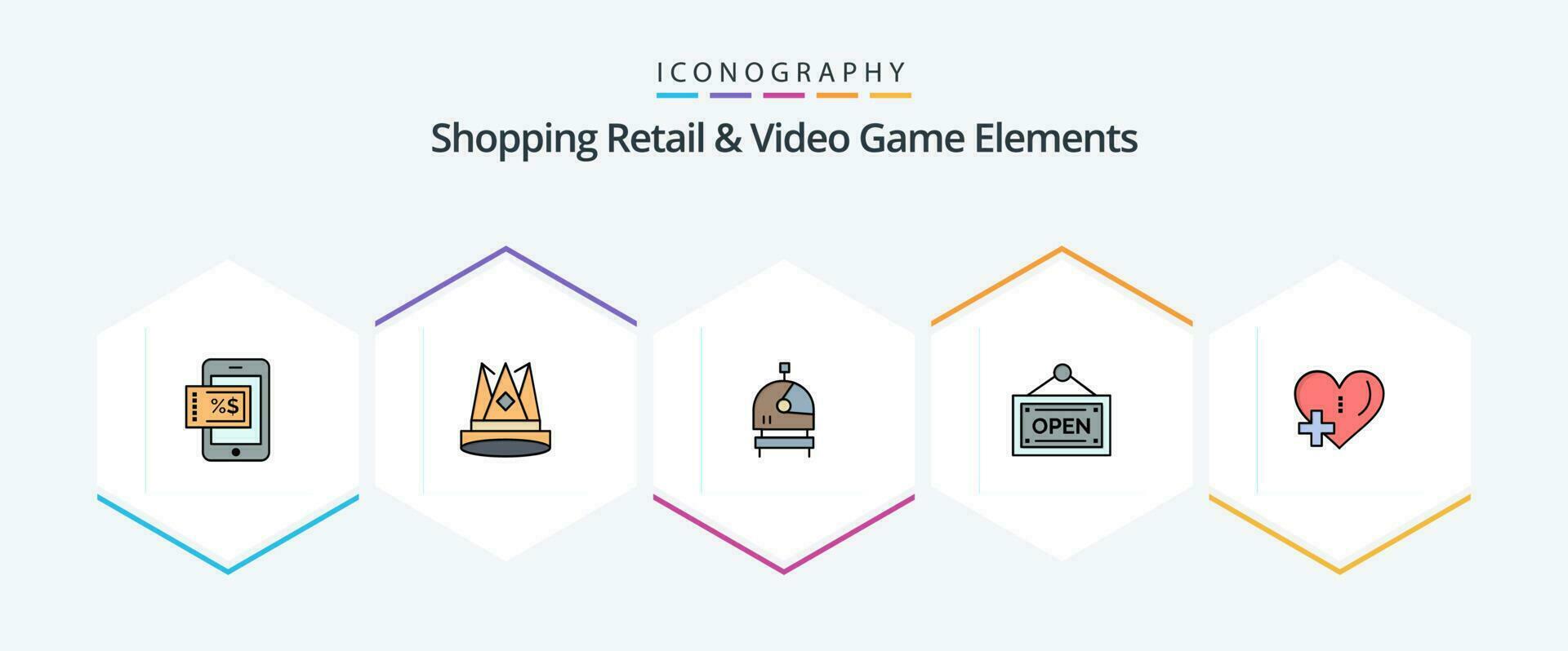 Shoping Retail And Video Game Elements 25 FilledLine icon pack including add. heart. achievement. board. open vector