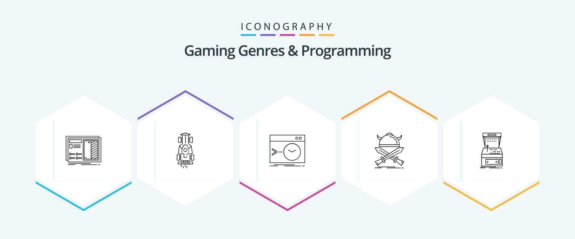 Gaming Genres And Programming 25 Line icon pack including viking. battle. racing. terminal. root vector