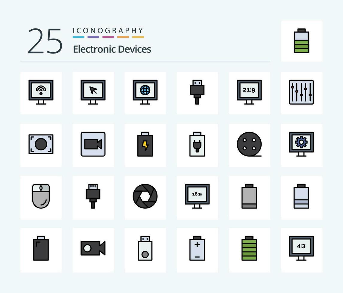 Devices 25 Line Filled icon pack including music. devices. file. controls. hd vector