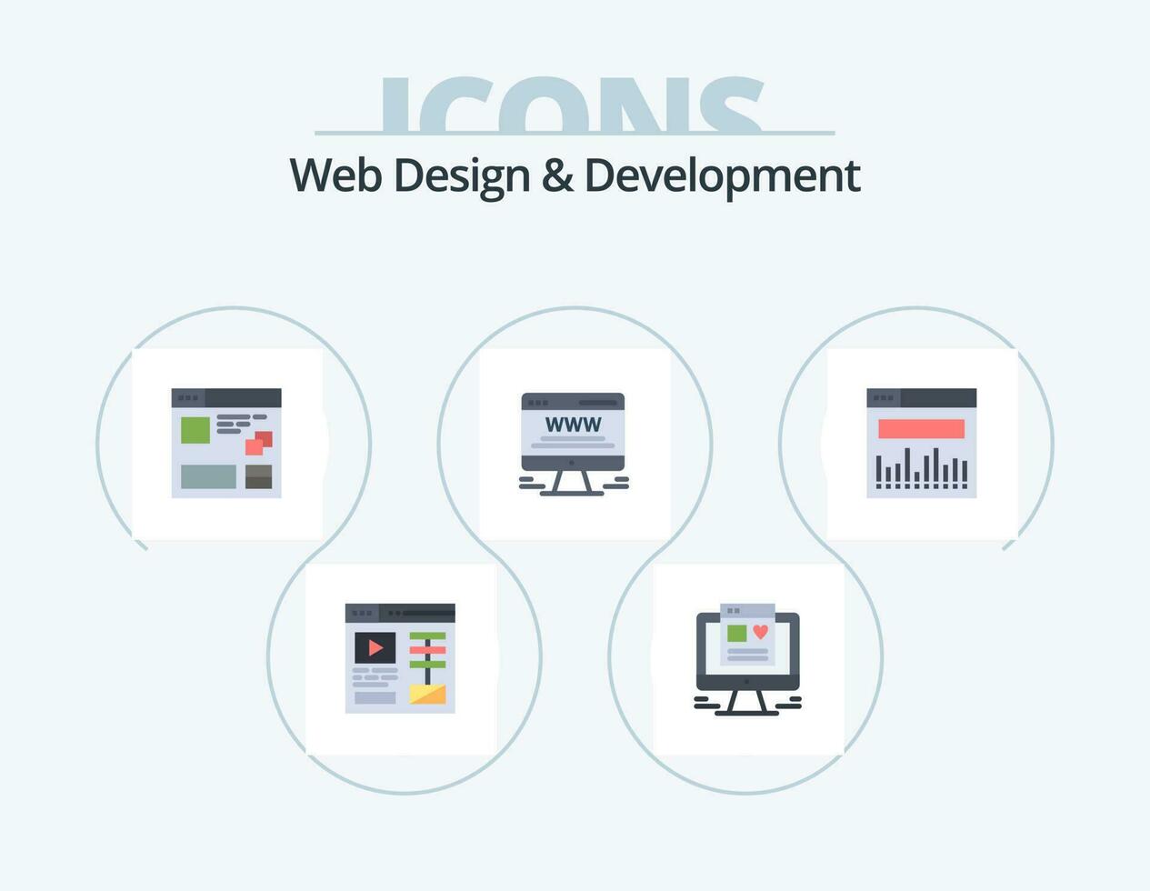 web diseño y desarrollo plano icono paquete 5 5 icono diseño. web. analítica. página. web Propaganda. cartelera vector