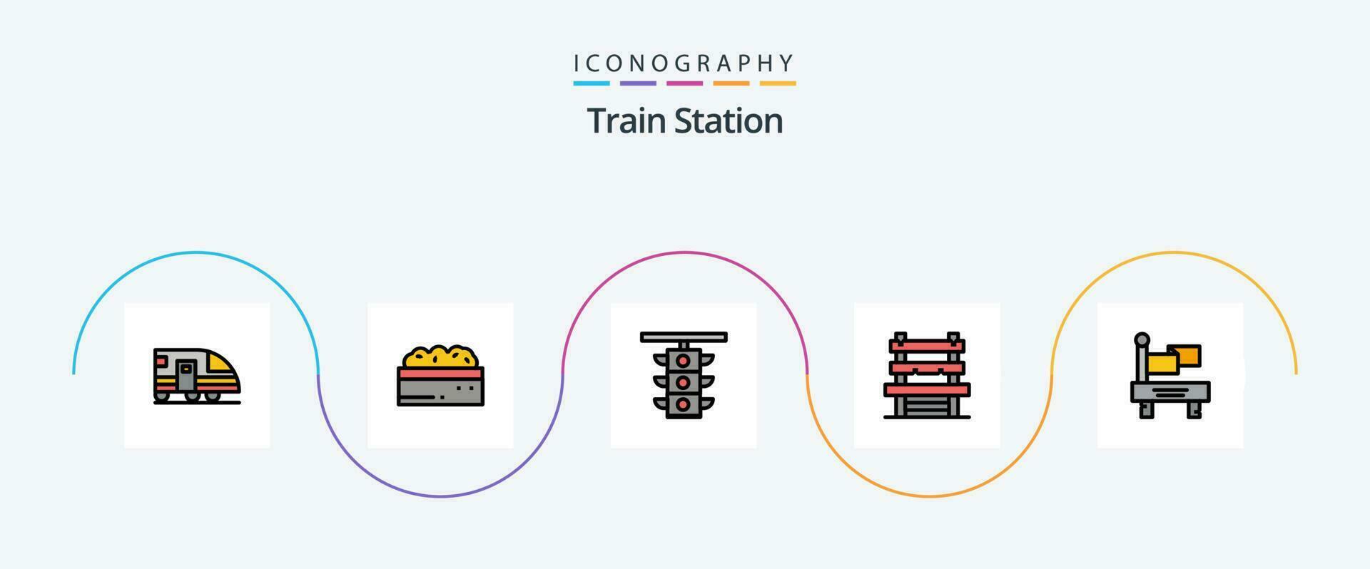 Train Station Line Filled Flat 5 Icon Pack Including flag. station. light. room. train vector